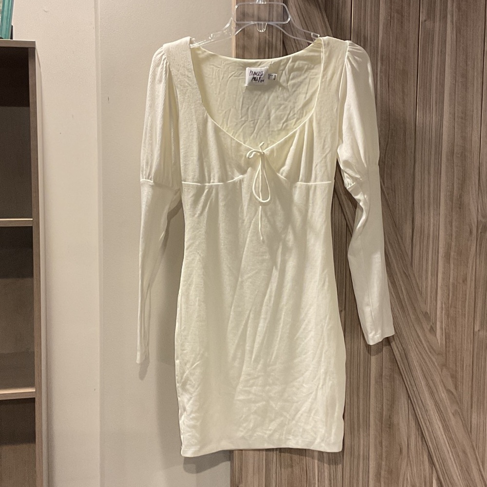 Princess Polly Cream Textured Mini Dress with Front Tie